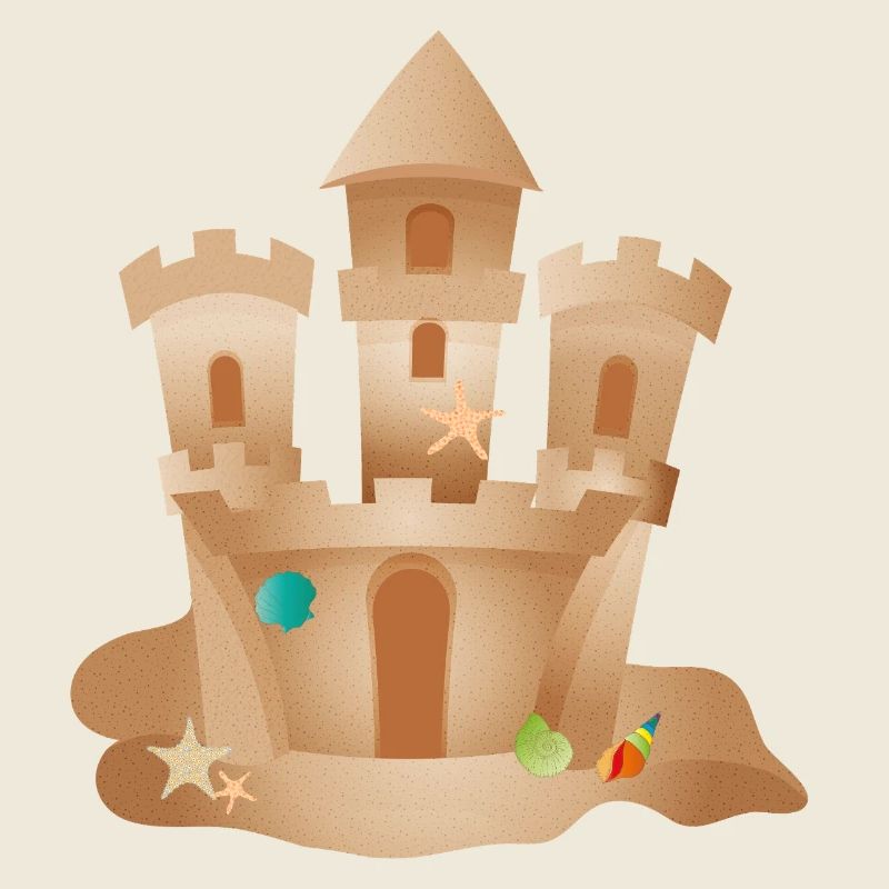 Château de sable avec coquillages et étoiles de mer sur la plage
