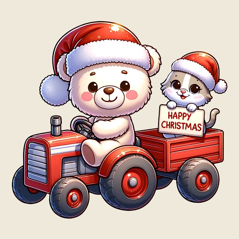 Teddy als Weihnachtsmann mit Traktor und Kätzchen