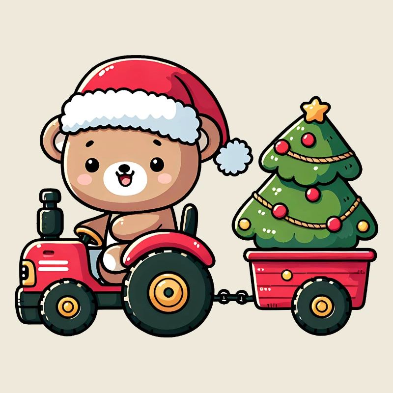 Teddy als Weihnachtsmann mit Traktor und Hänger