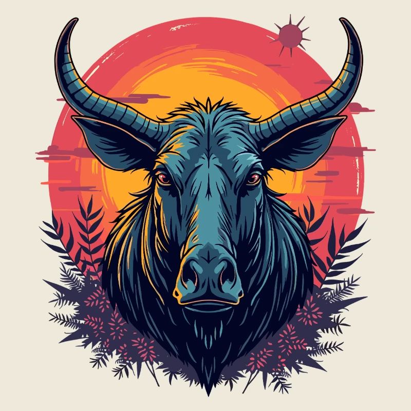 Futuristic bison at sunset