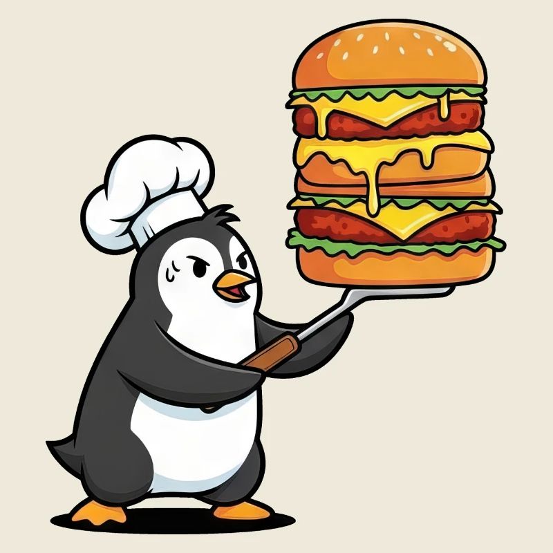Süßer Pinguin schwitzt mit Hamburger BBQ Grillen