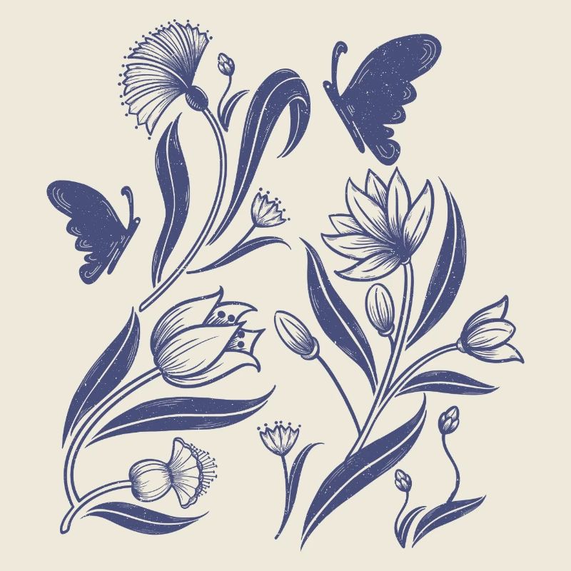 Motif floral bleu dans le style d’art populaire