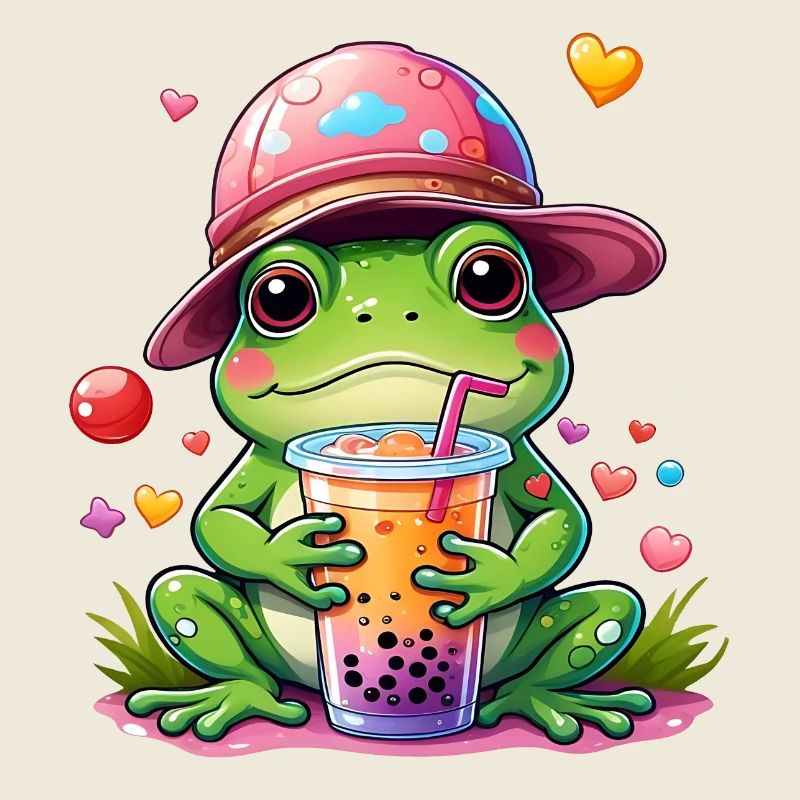Cute frog in baseball cap drinking lemonade