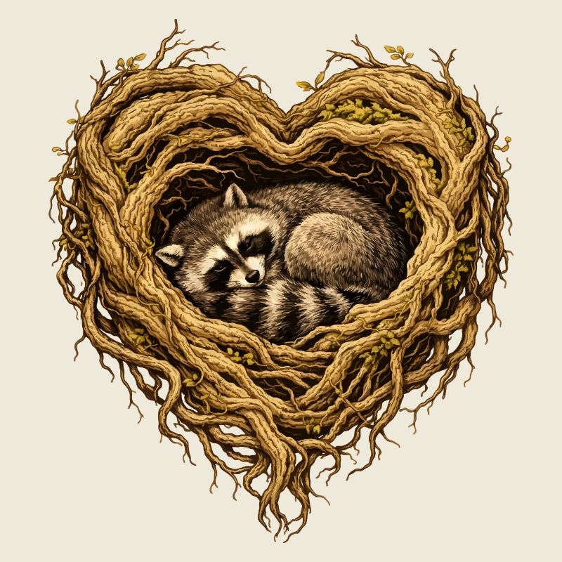 Raton laveur endormi dans le cœur de racine – motif de la forêt