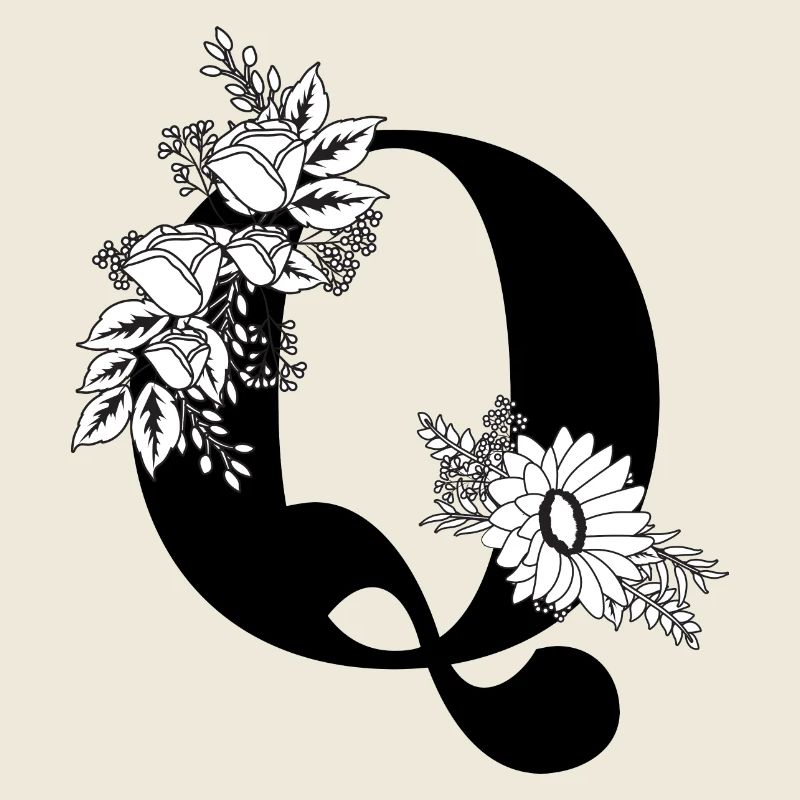 Lettre q floral noir et blanc