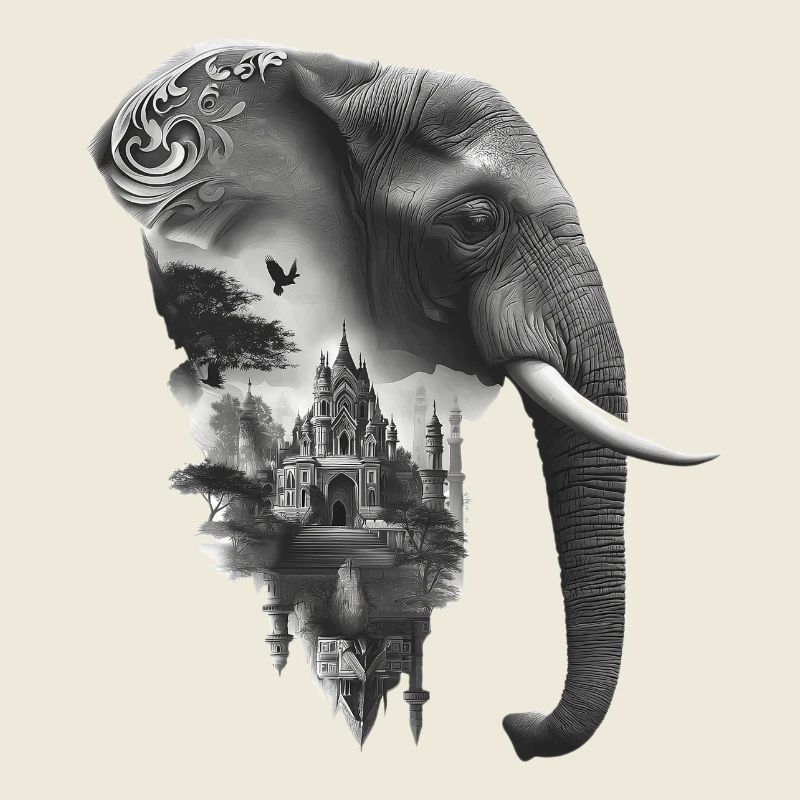 Elephant and Temple in Collage