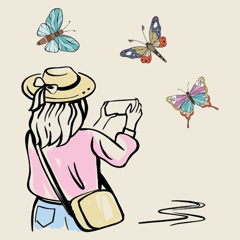 Fille photographiant des papillons