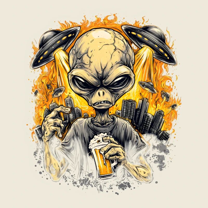 Alien mit Bier und UFOs – Lustiges Sci-Fi Design