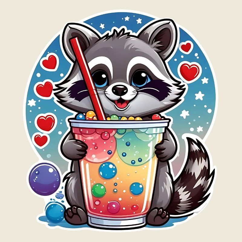 kleiner süßer Waschbär mit Limonade und Strohhalm