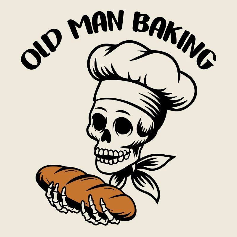 Lustiger Bäcker Skull mit Brot. Alter Mann backt