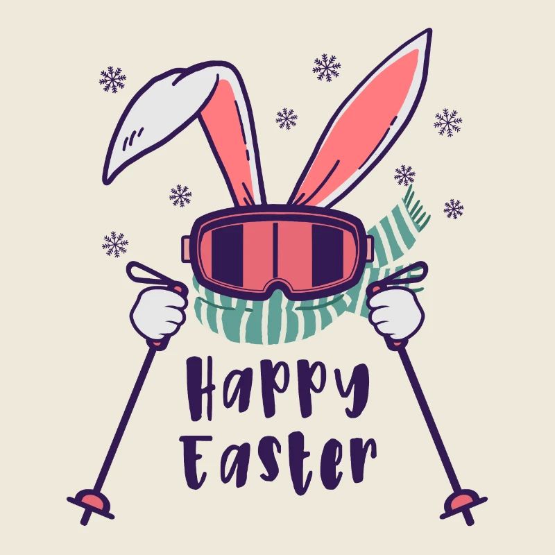 Joyeuses Pâques de Skiing Rabbit avec bâtons de ski