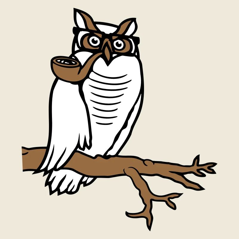 Eule Pfeife rauchen alter Opa Uhu Ast Baum Wald