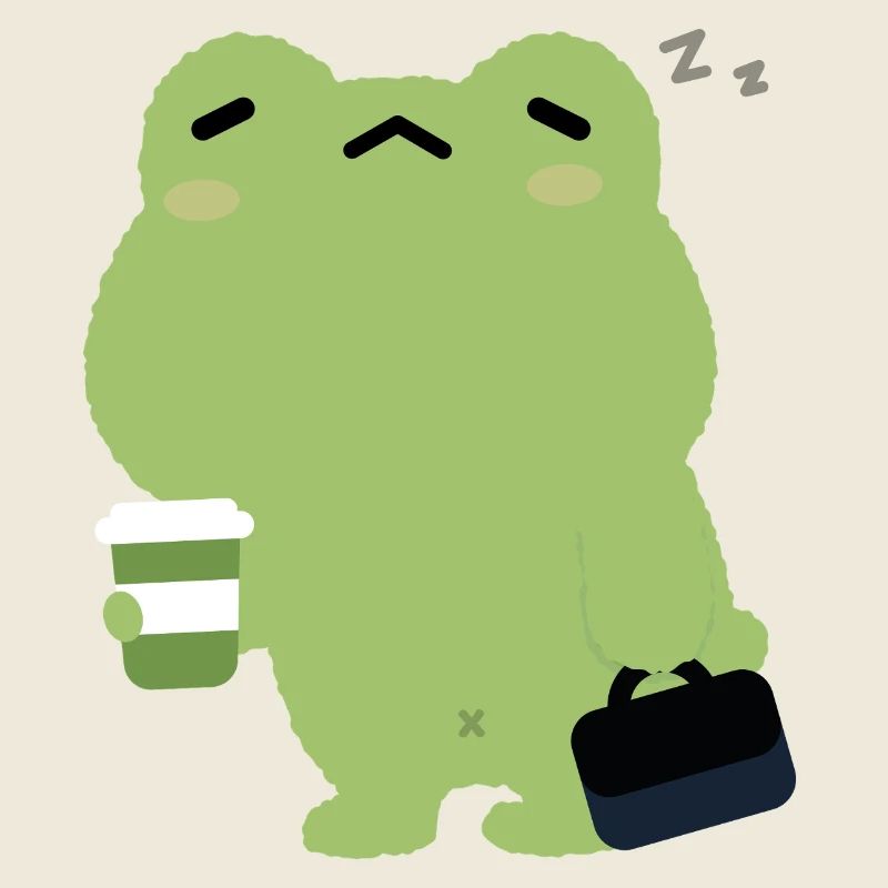 Grenouille fatiguée avec café et mallette