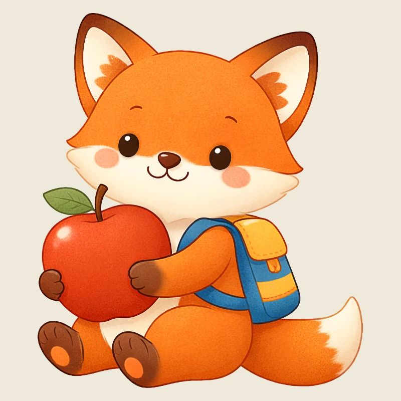 Cuddly fox with apple and backpack