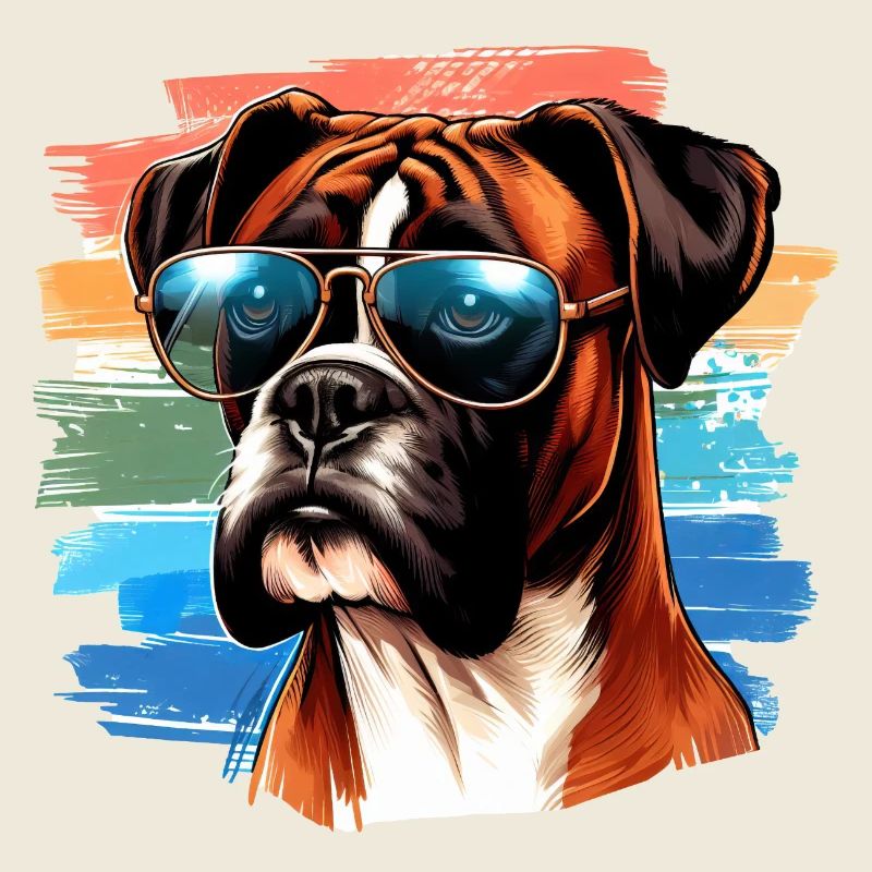 Bunter Boxerhund mit Sonnenbrille