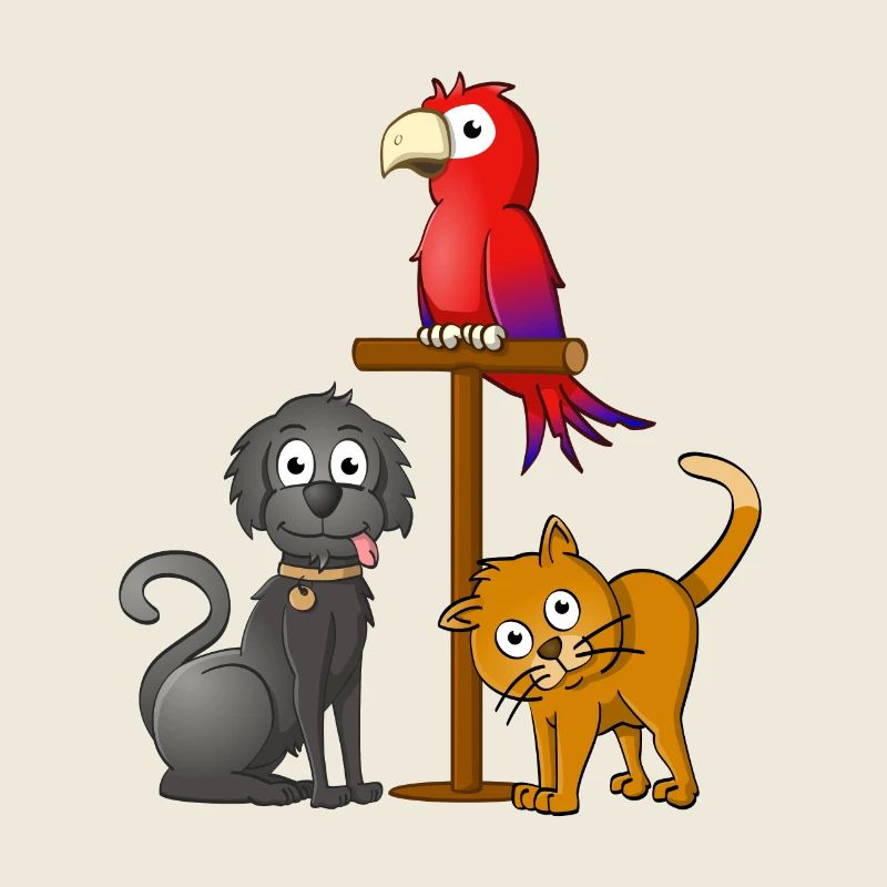 Chien noir, chat orange et perroquet sur un bâton