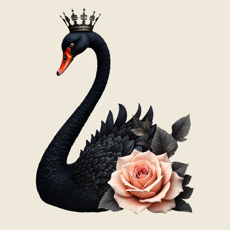 Schwarzer Schwan, gekrönt mit Rose