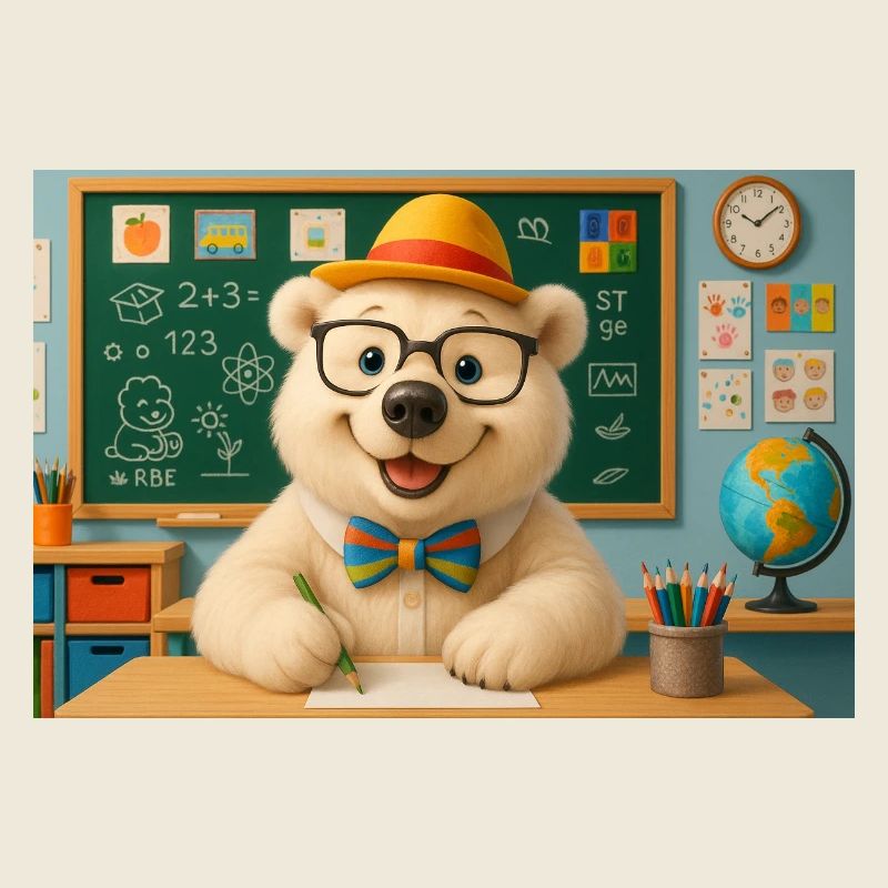 Cute Bear with Glasses in Classroom