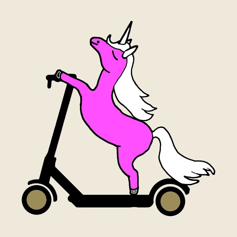 Pinkes Einhorn fährt E Scooter Roller