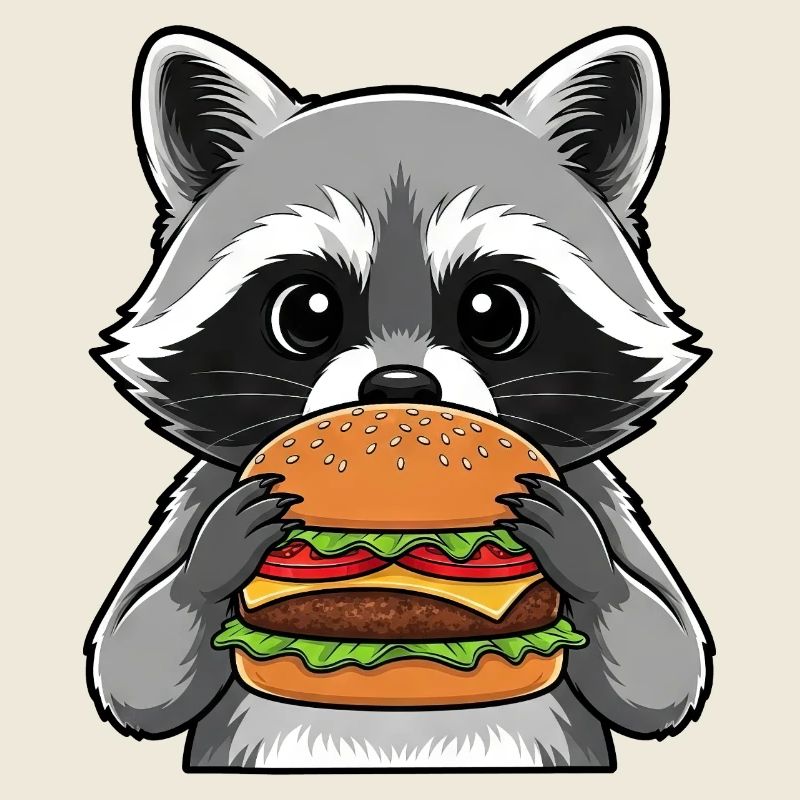Dessin animé mignon de raton laveur avec burger fast-food
