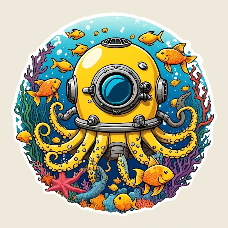 Diving helmet with octopus arms and fish