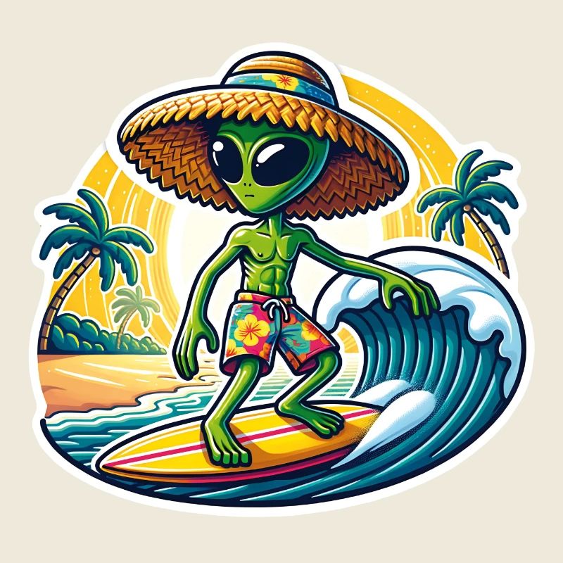 Lustiges kleines Alien auf Surfboard
