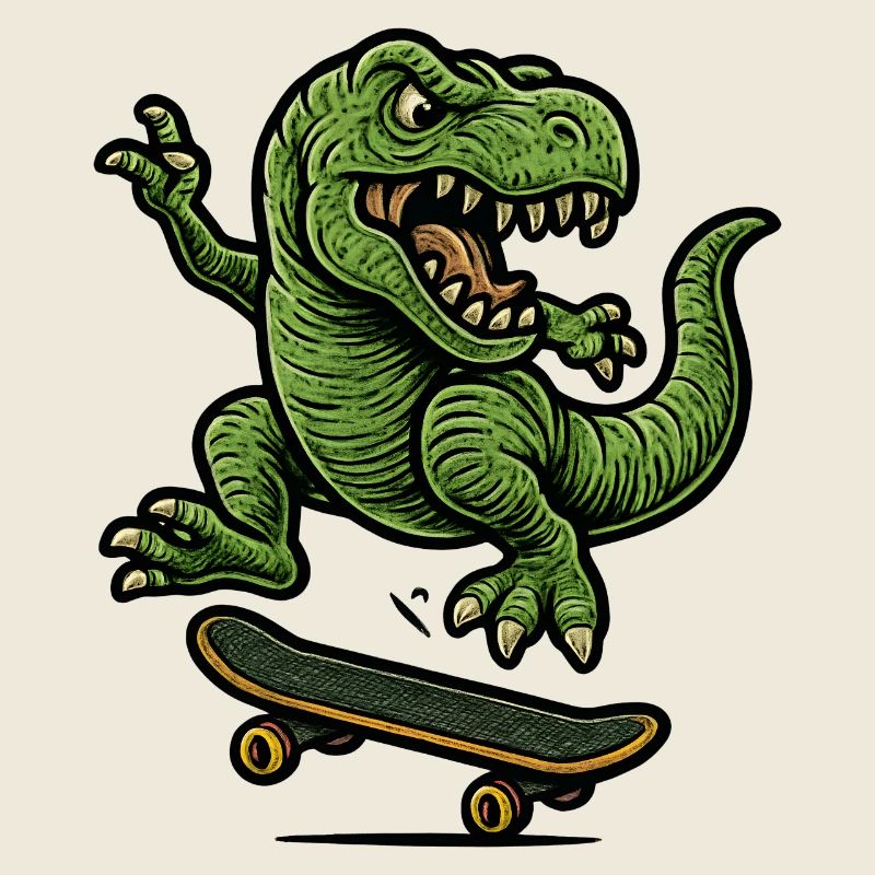 Green dino on skateboard