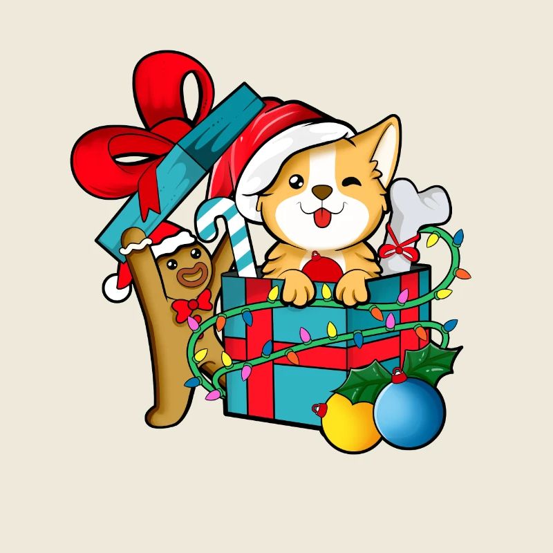 With gingerbread man in a gift - Corgi Christmas