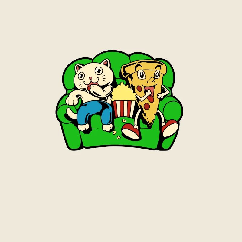 Cat and pizza eat popcorn