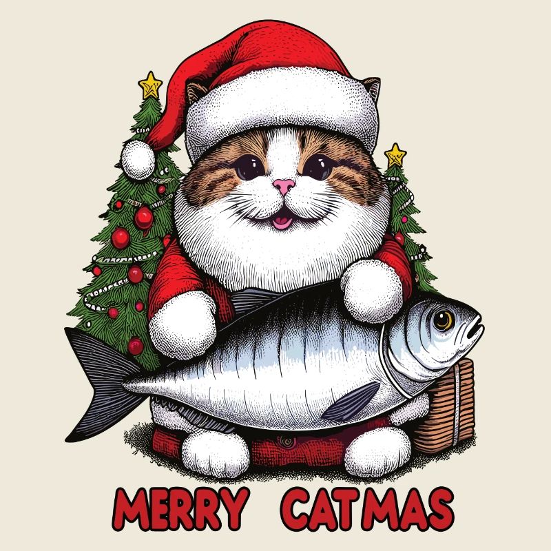 Gros chat en Père Noël avec du thon, Merry Catmas