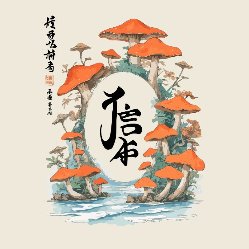 Magic Mushroom Scene in Ukiyo-E Kanji Style