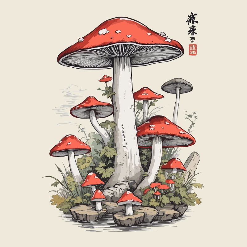 Japanese Mushroom Art Vintage Toadstool Design