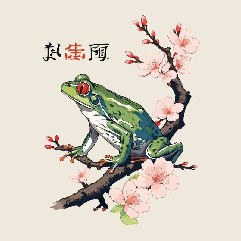 Japanese Tree Frog Cherry Blossoms Retro