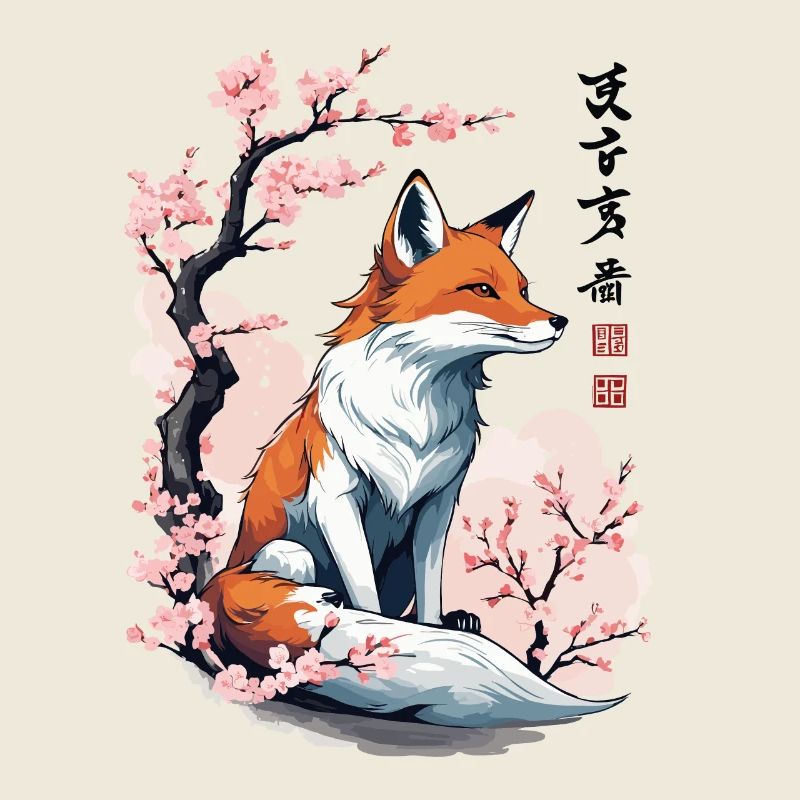 Magic Fox Cherry Blossoms Japan Kanji Design