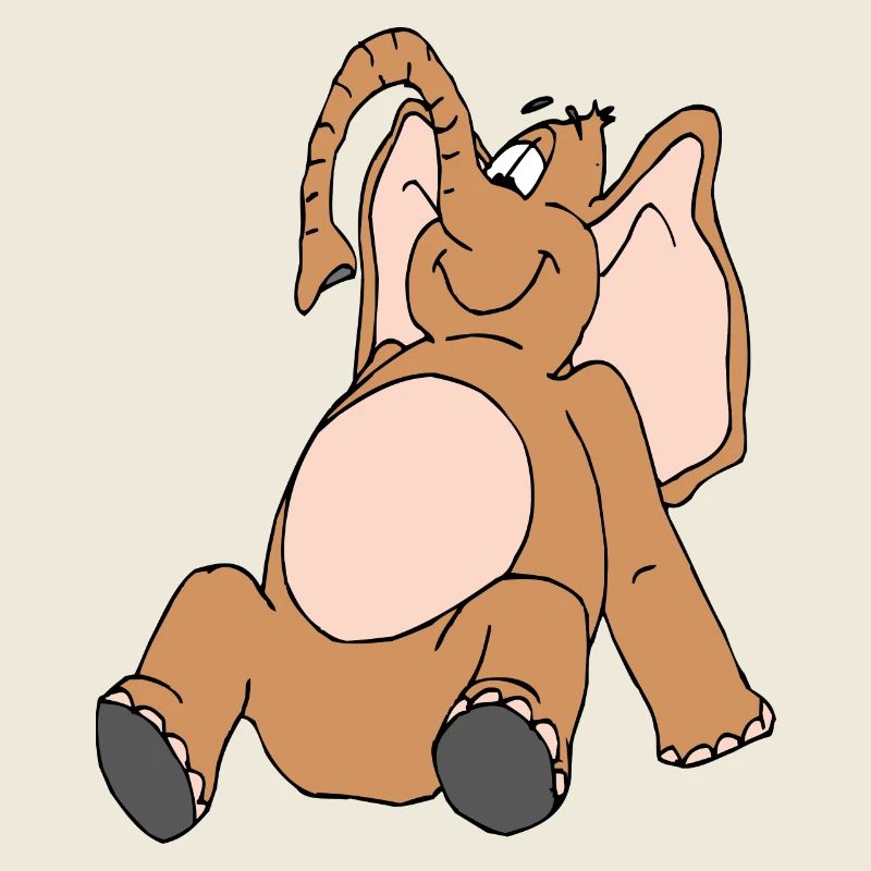 Ein lachender Elefant mit rosa Bauch.