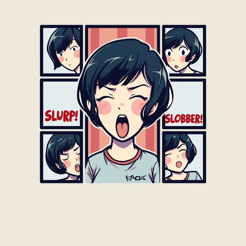 Anime Mädchen trainiert Ramen Nudeln schlürfen