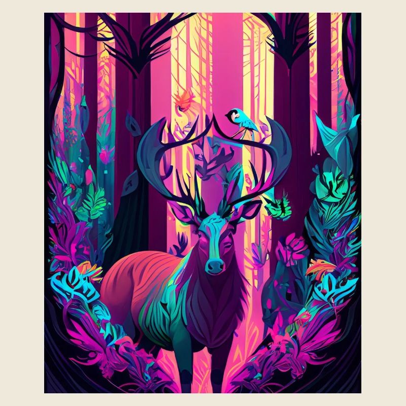 Leuchtender Waldhirsch mit Neonvogel