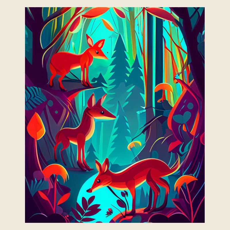 Neon colored: fox family in the forest