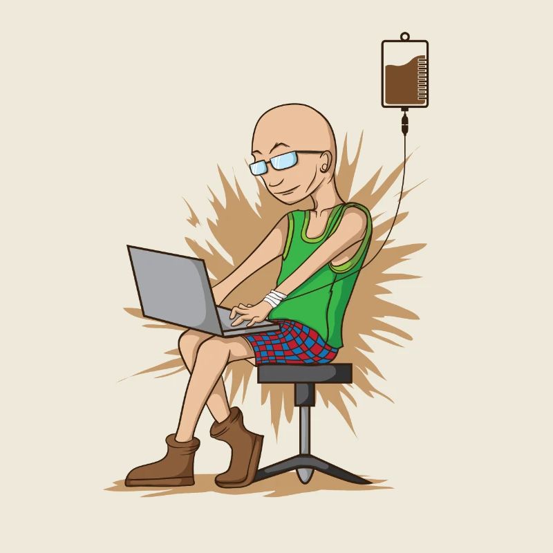 Coffee drinking nerd while chopping hangs on coffee