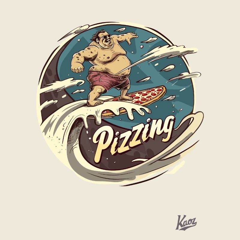 Big surfer guy surfing on a pizza wave