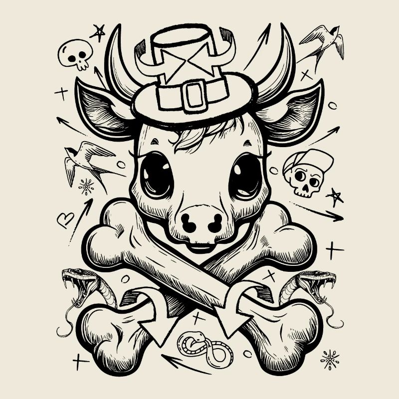 Rebellious Comic Cow Skull Style T-Shirt