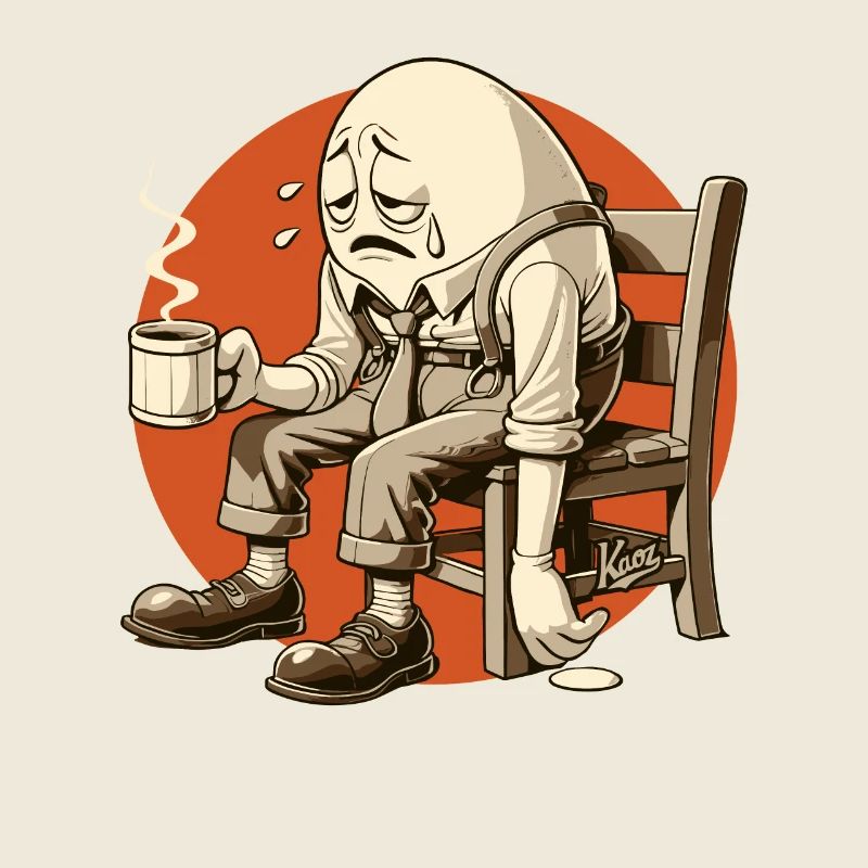 Müde am Morgen, ein lebendiges Ei mit Kaffee