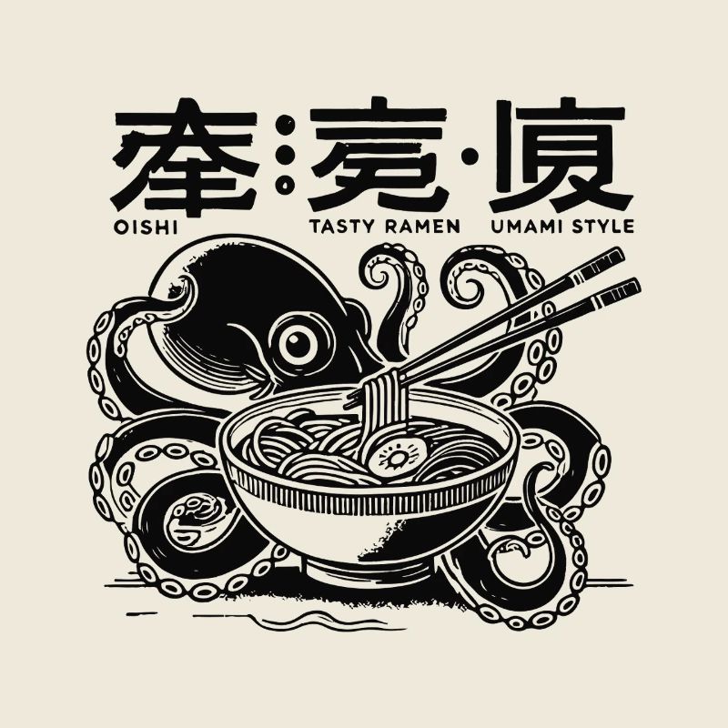 Octopus Eats Ramen Japan Retro Ukiyo-E