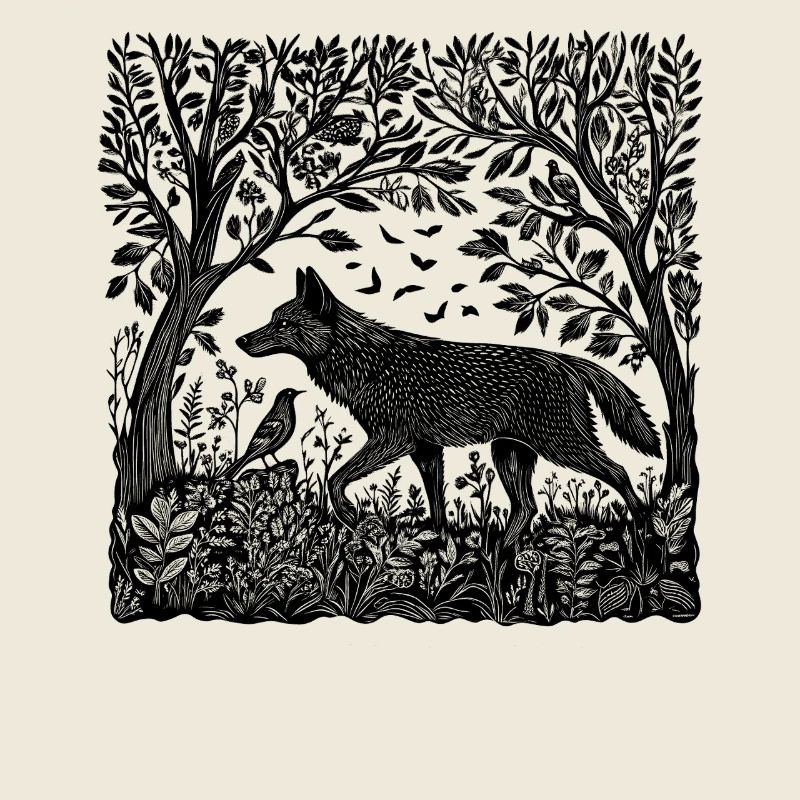 Wolf Forest Nature Wilderness Woodcut Gift