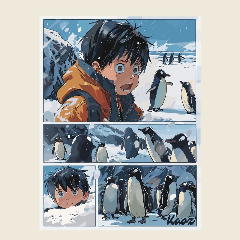Garçon perdu et pingouins dans le style de la bande dessinée