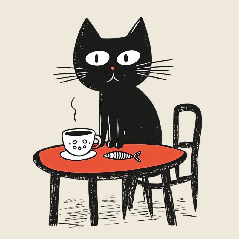 Chat naïf avec du café et du poisson à table