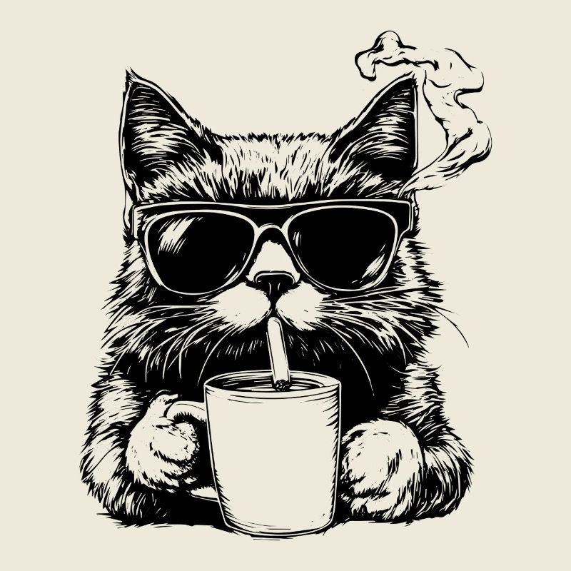 Cool: Katze mit Sonnenbrille, Zigarette und Kaffee