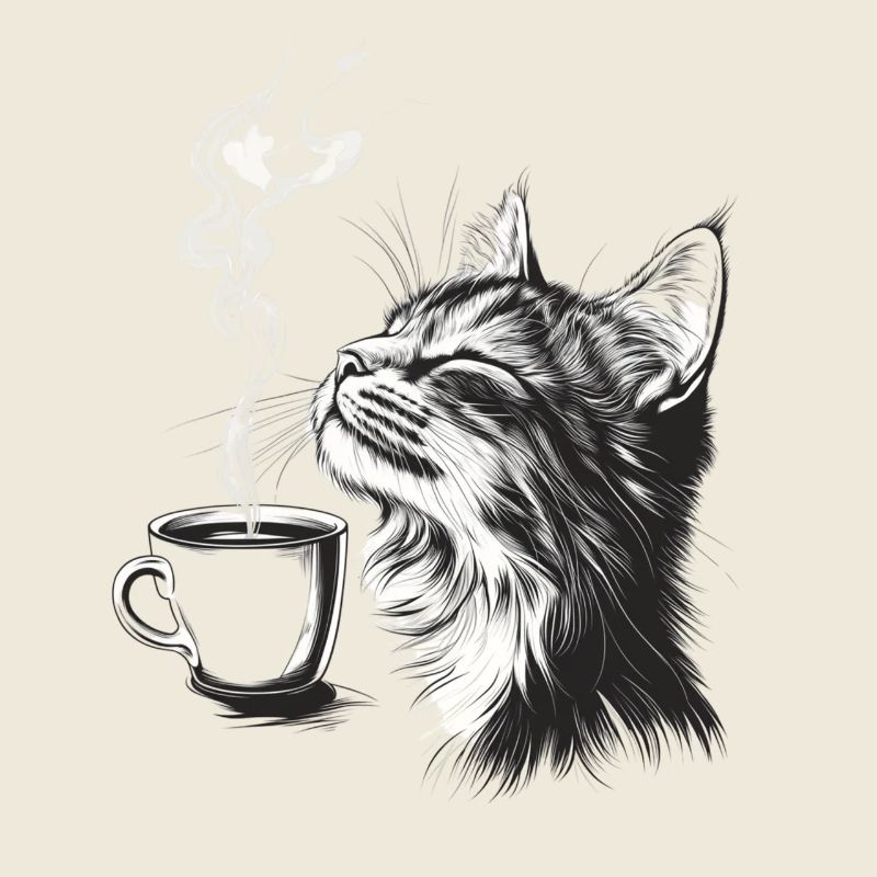 Relaxed Cat with Coffee - Sketch Style