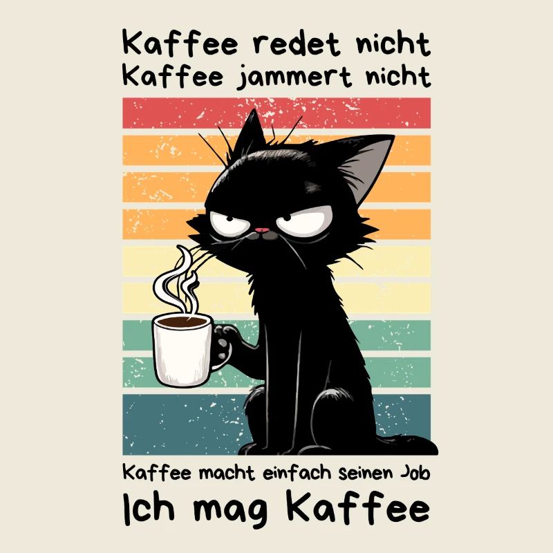 Genervte schwarze Katze mit Kaffee und Blick