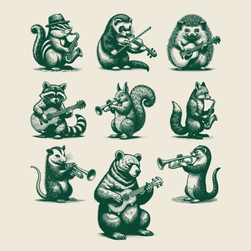 Forest Animals Playing Instruments Music Lover
